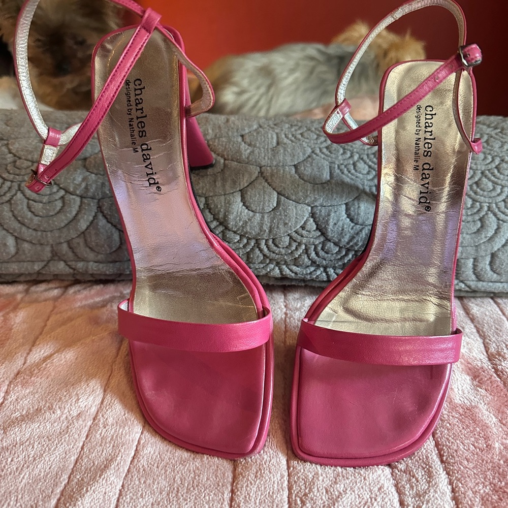 Charles David Fuchsia Leather Strappy Sandals | Square Toe Block Heel | 6.5B